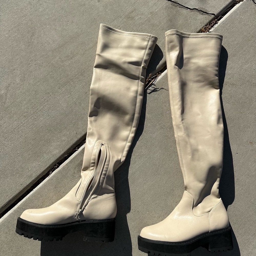 Cream Thigh High Knee Boots Size 8